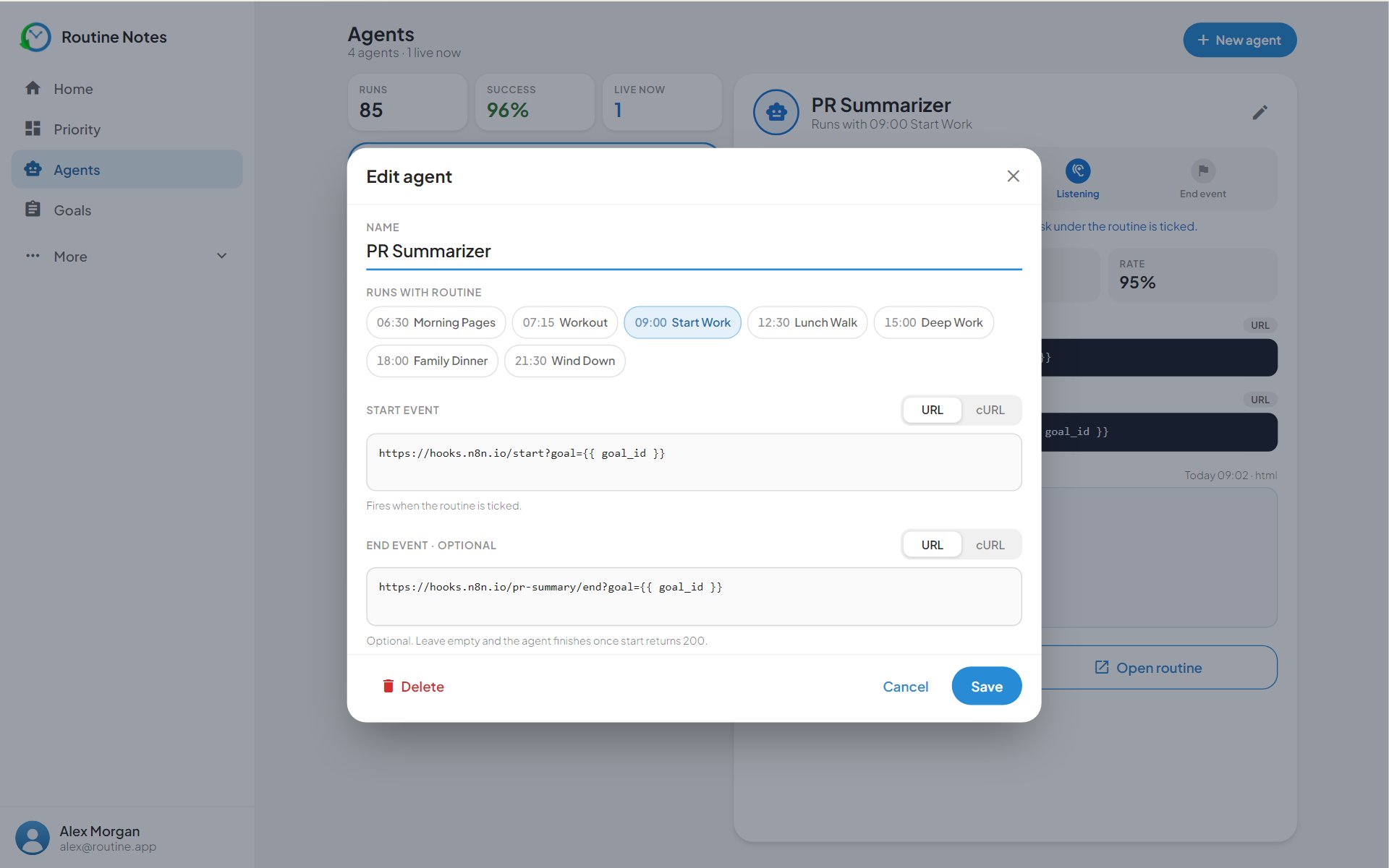 The Edit agent dialog with routine binding and start and end event URLs