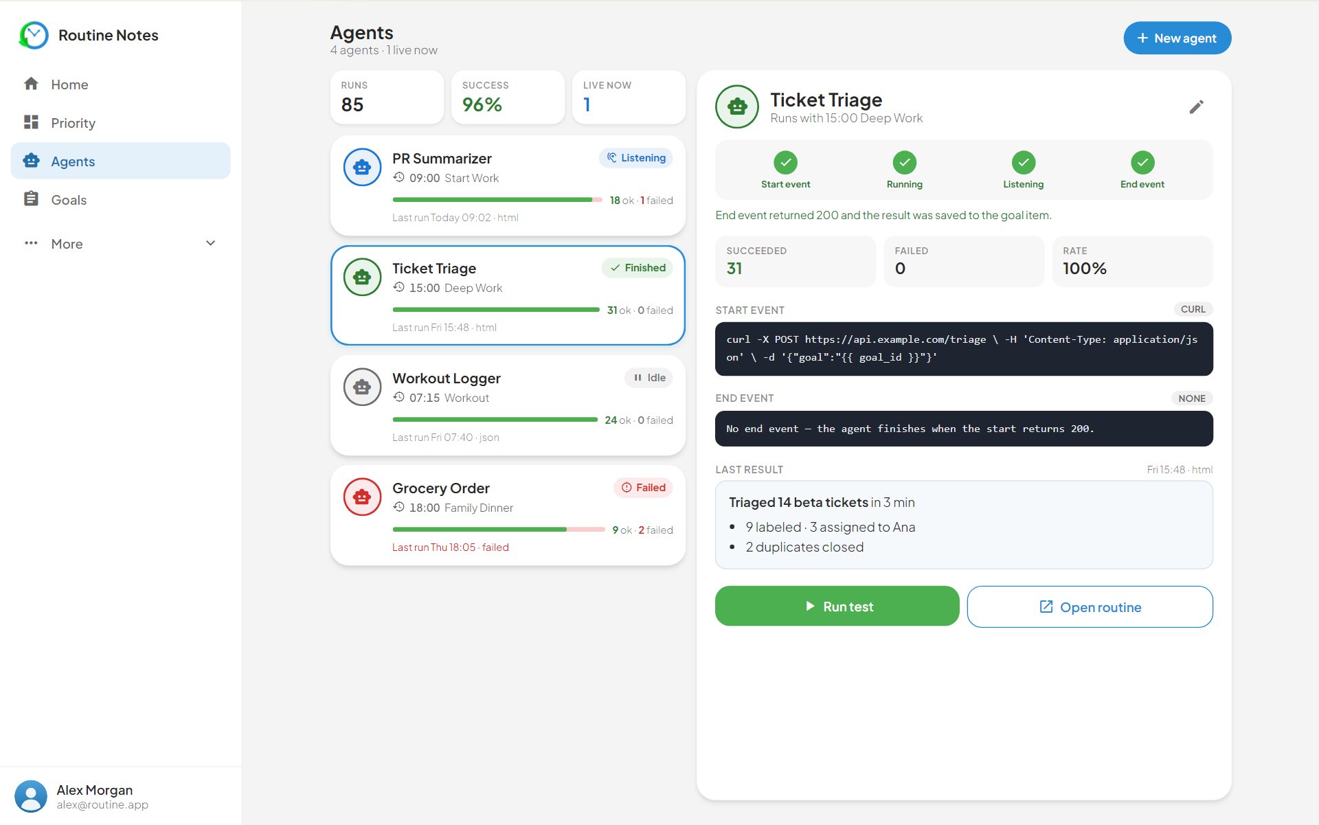 A finished agent selected, with every lifecycle step done and its success and failure counts