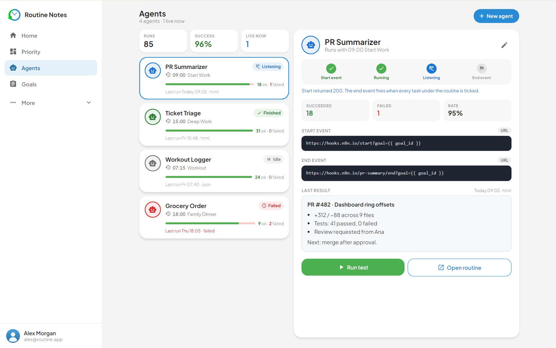 Agents with run stats, the agent list and the selected agent’s lifecycle and last result