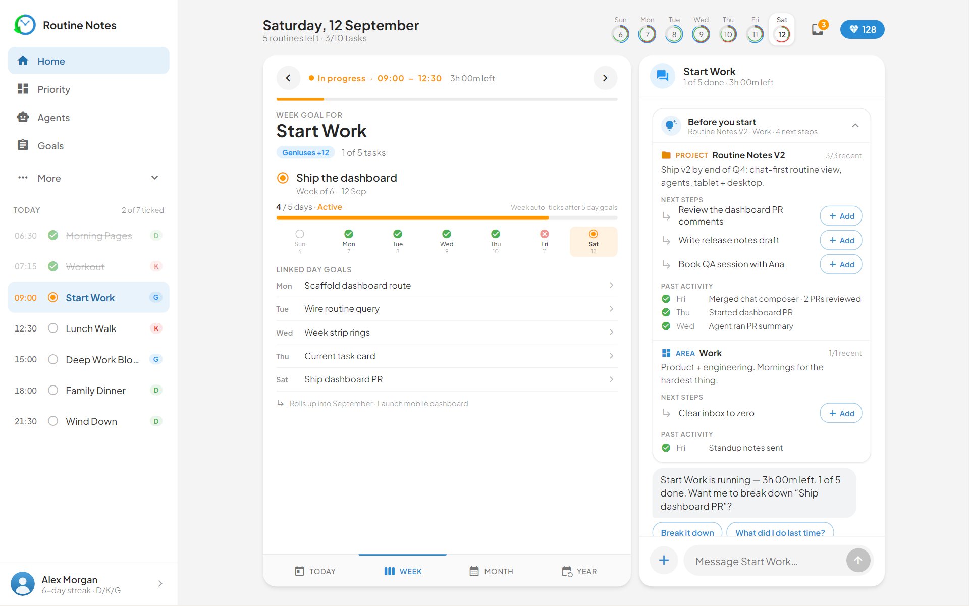 The focused routine card switched to the Week tab, showing the week goal and its linked day goals