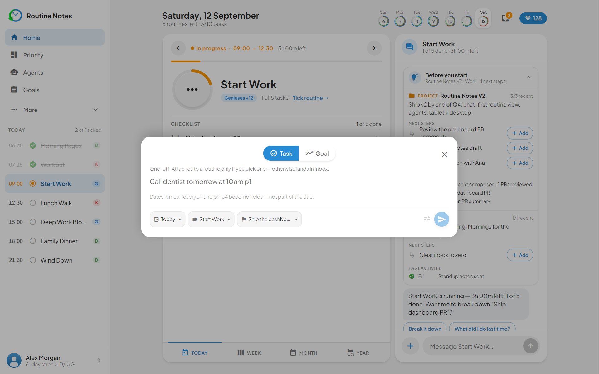 The quick-add box over Home, set to add a task to the current routine