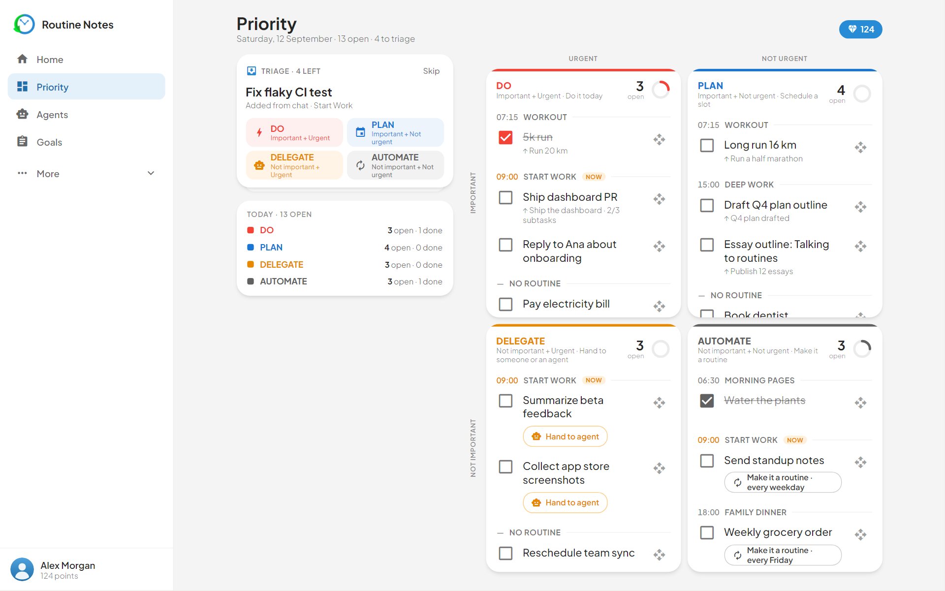 The four priority quadrants with day goals grouped by routine